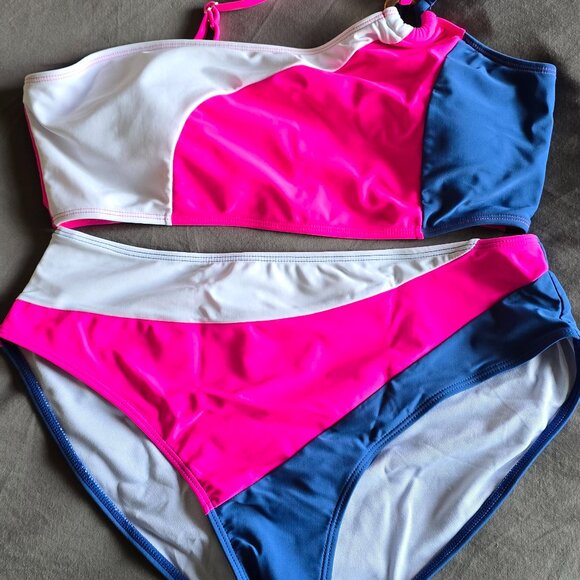 Pink and Blue 1 Shoulder Strap Bikini, Size XL - Picture 3 of 6